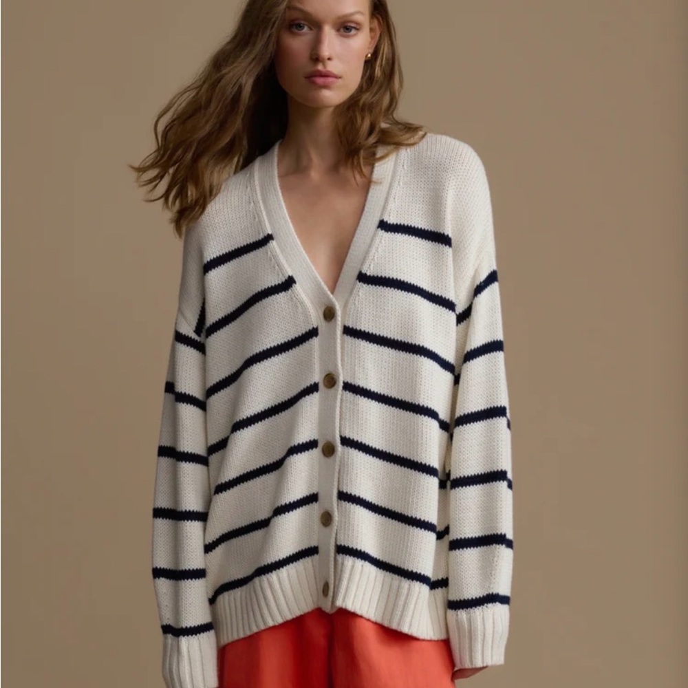 Jenni Kayne Striped V-Neck Button Cardigan Sweater - Cream & Black